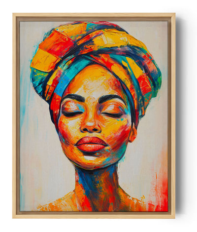 Ausdrucksstarkes Gemälde einer afrikanischen Frau mit buntem Turban.