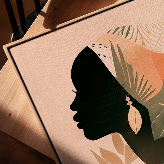 Portrait femme africaine tableau pour salon bohème cadre chêne doré