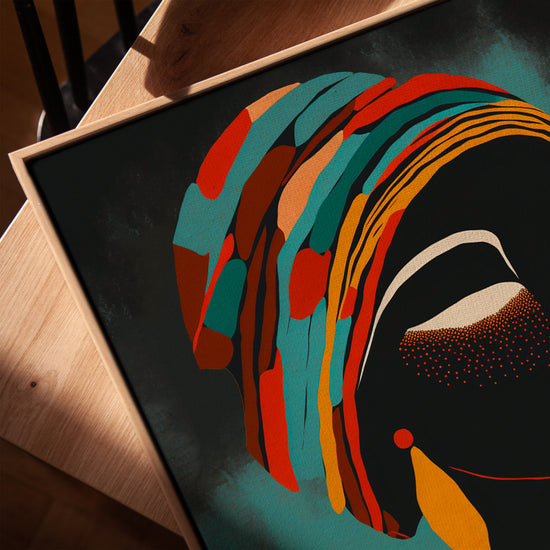 Framed African woman portrait wall art for living room, golden oak frame