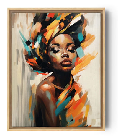 Un portrait artistique d'une femme africaine aux yeux fermés, avec des couleurs vibrantes comme l'orange, le bleu, et le rouge dans son foulard et autour d'elle.