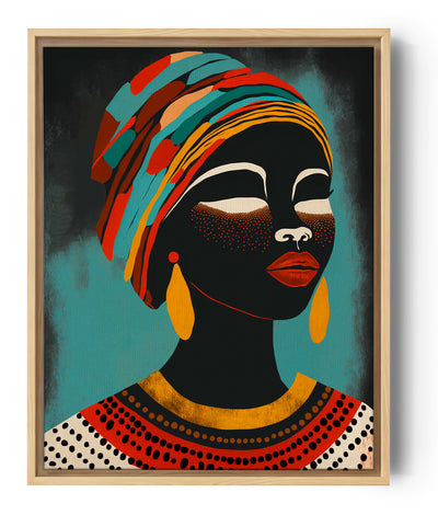 tableau femme africaine, couleurs chaudes, style vectoriel, motifs ethniques