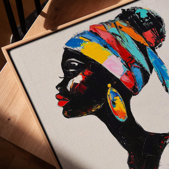Portrait femme africaine turban multicolore tableau pour salon scandinave
