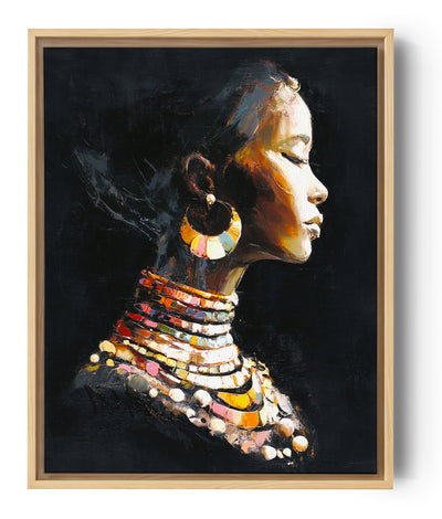 Expressive profile portrait of an African woman, eyes closed, wearing large gold hoop earrings and layered warm-tone necklaces on a black background