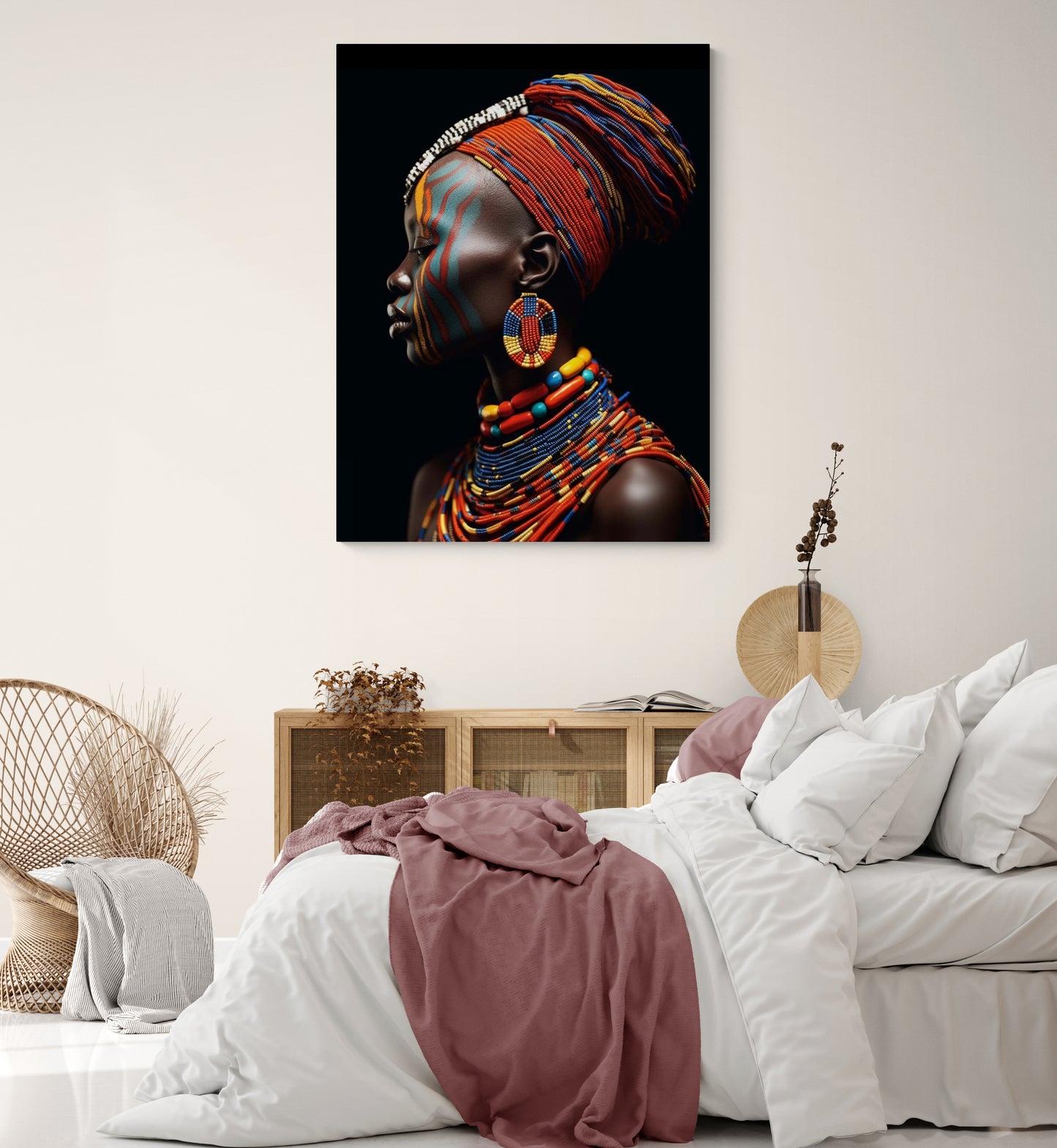 Dans un cadre apaisant et naturel, une toile avec une femme Noire ajoute une nuance d'élégance à cette chambre d'adulte