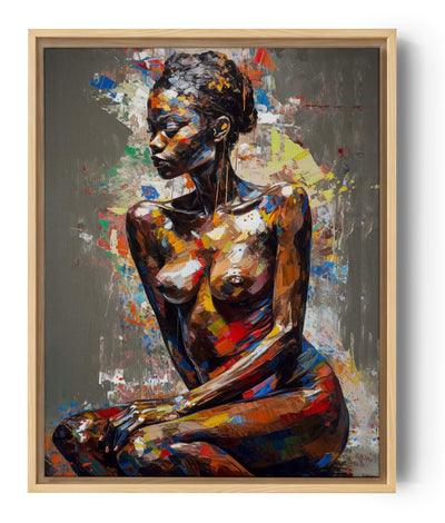Canvas of a seated nude woman in vibrant colors on a gray background; expressive brushstrokes create a bold, modern artistic look