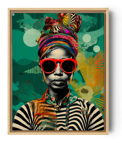 Canvas of an African woman with a vibrant turban and red sunglasses in bold pop art style