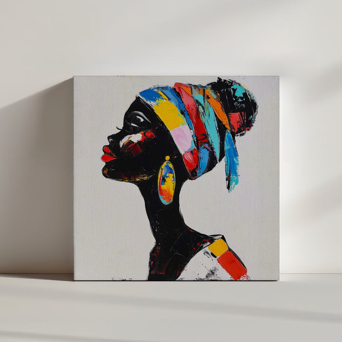 toile femme africaine de profil, boucle d'oreille ovale, éléments colorés.
