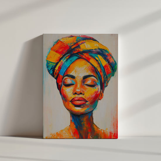 Peinture expressive de femme africaine avec turban coloré.