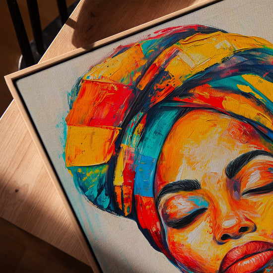 Femme africaine turban coloré toile pour salon cadre chêne doré
