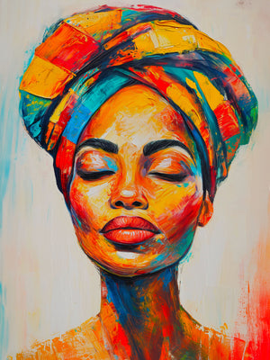 Expressive painting of African woman with colorful turban.
