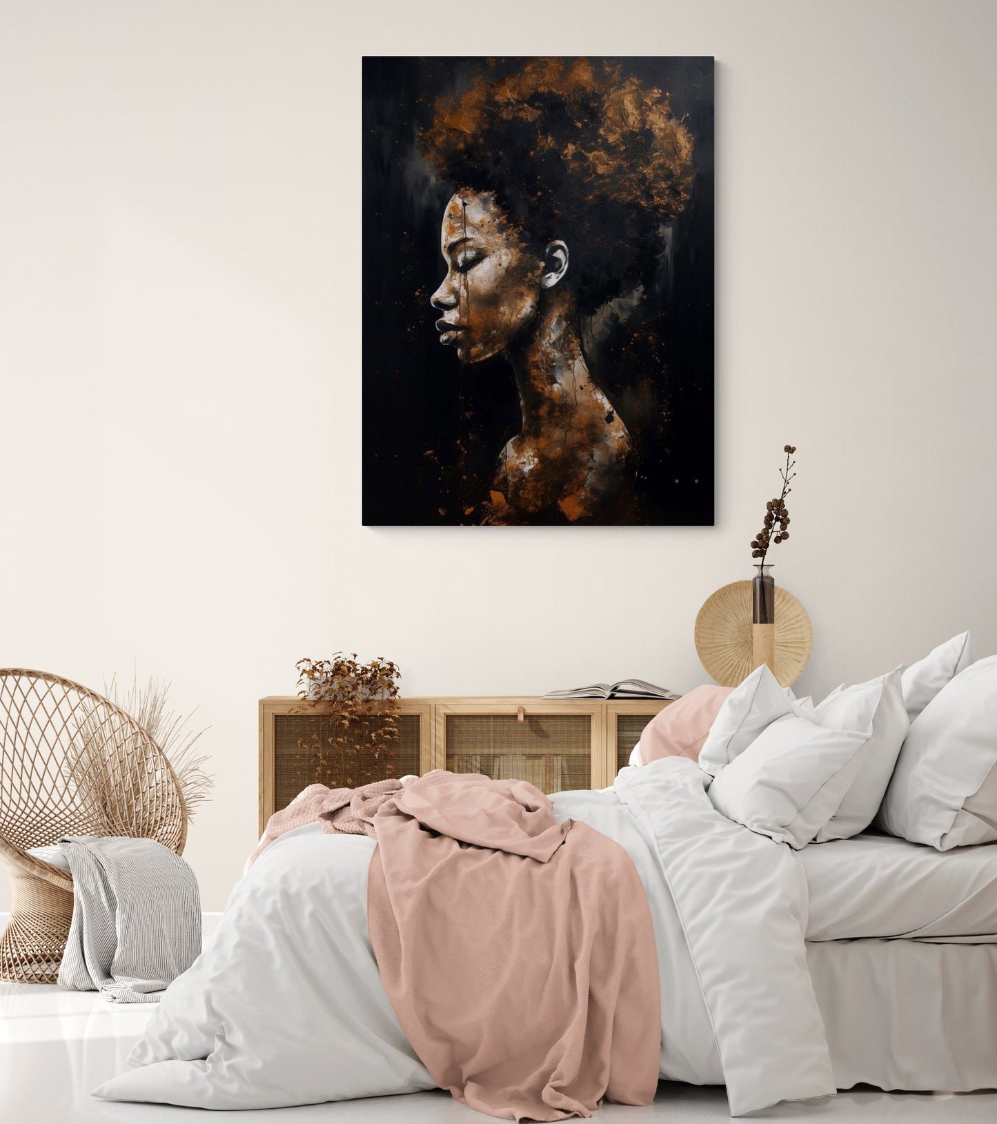 tableau chambre, profil sombre, Coupe afro resplendit dans l'obscurité de la peinture