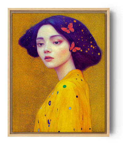 Living room canvas wall art: Amid a golden-yellow glow, a young woman with a gentle gaze stands proudly. Her pure, fresh face shines. She wears a jacket with shimmering patterns like the colorful wings of butterflies adorning her brown hair. Her wise eyes rest on a world that cannot reach her. Inspired by the art of Gustav Klimt, she embodies grace and nobility