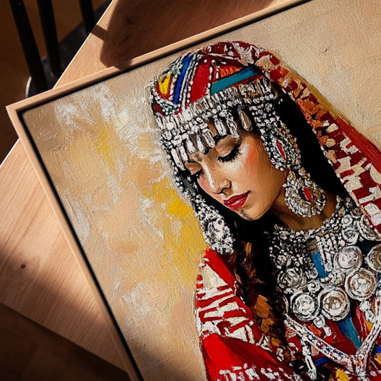 Tableau portrait femme berbère pour salon texture toile chêne doré