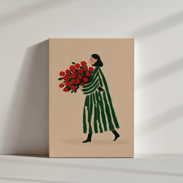 Cuadro en lienzo mujer con ramo de rosas rojas, vestido verde, decoración mural minimalista, ambiente luminoso