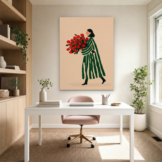 Cuadro moderno mujer con bouquet de rosas rojas y vestido de rayas verdes, decoración de pared elegante