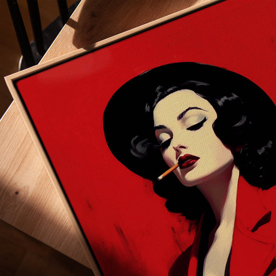 Pin-up woman with a cigarette - framed canvas for the living room in a golden oak frame
