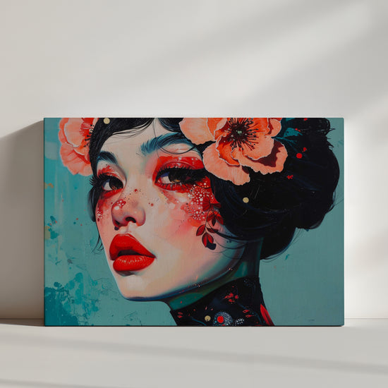 Peinture moderne d'une femme avec des coquelicots rougeoyantes et des éclats d'aquarelle.