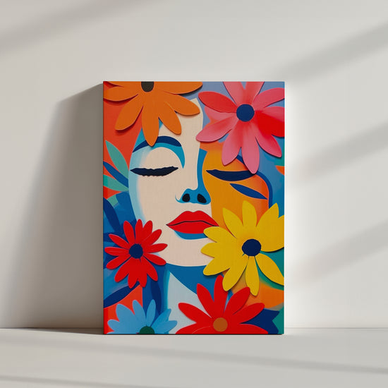 Illustration vibrante d'une femme parmi un bouquet multicolore, captivant le regard