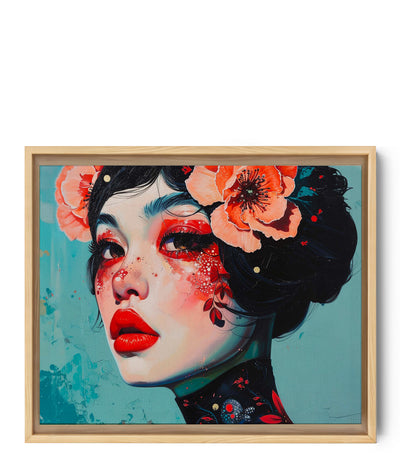 Modernes Gemälde einer Frau mit glühenden Mohnblumen und Aquarellspritzern.
