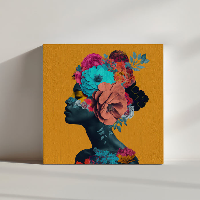 Wandbild mit lebendiger surrealistischer Collage und hohem Kontrast mit Blumen: eine schöne Frau, die