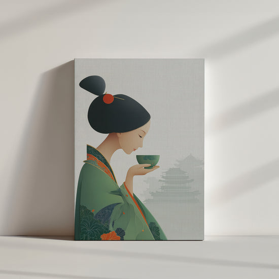 Illustration élégante d'une femme en kimono vert tenant une tasse, style asiatique minimaliste