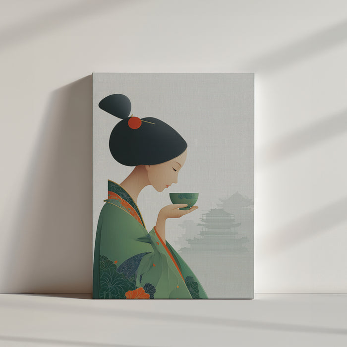 Illustration élégante d'une femme en kimono vert tenant une tasse, style asiatique minimaliste