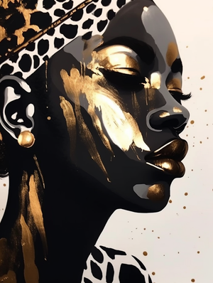 Timeless portrait of an African woman: ebony, gold, and brilliant light play