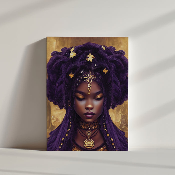 Canvas wall art print featuring an ethereal Black goddess, dark skin, long purple and black hair with ornate beads and gold accents