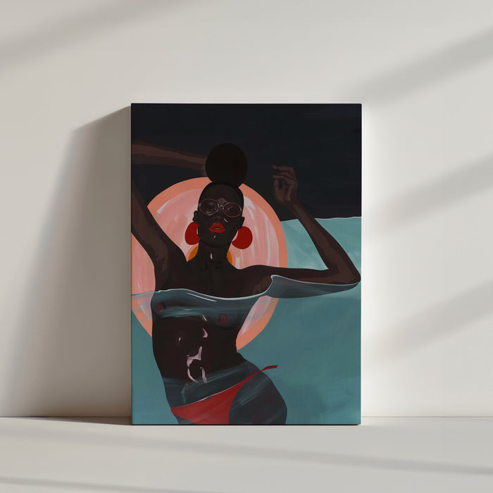 Pop art painting of a stylized Black woman half submerged in water, with sunglasses and red earrings, circular sunset-style background