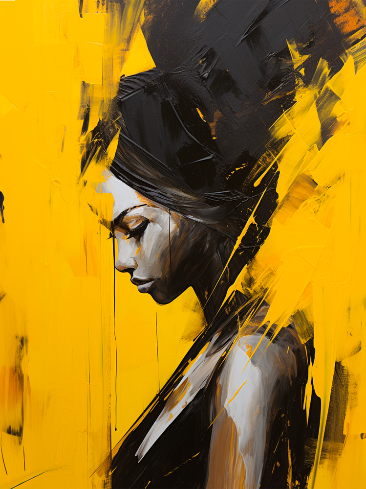 Dans un éclat de jaune vif, une silhouette se perd dans ses pensées, capturée entre les coups de pinceau audacieux