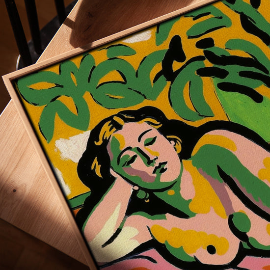 Fauvist female nude painting for the living room with a golden oak frame