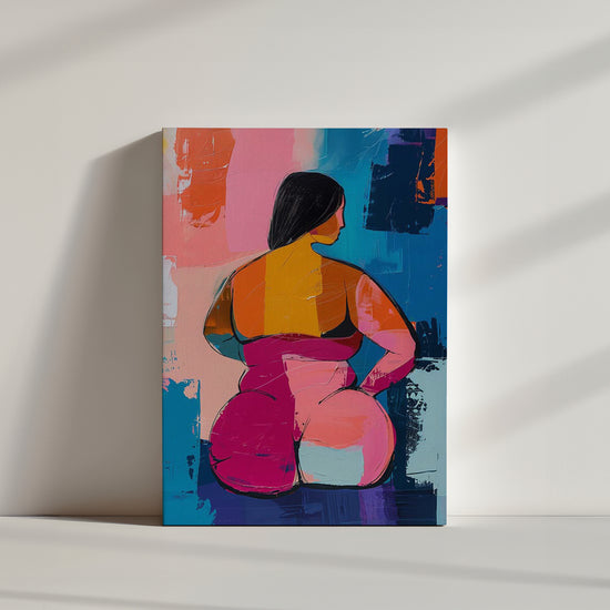 Vibrant abstract art of a curvy female figure from behind with bright blocks of yellow, pink, blue, and orange against a blue-pink-purple background