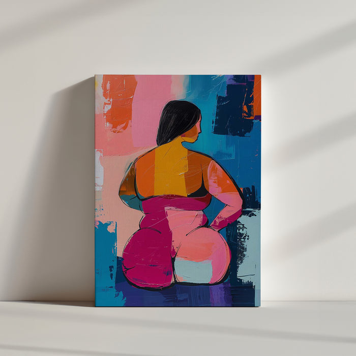 Vibrant abstract art of a curvy female figure from behind with bright blocks of yellow, pink, blue, and orange against a blue-pink-purple background
