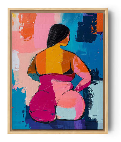 Een kleurrijk schilderij toont een vrouw op de rug, met weelderige vormen en blokken van levendige kleuren: geel, roze, blauw en oranje. De achtergrond is abstract, met blauw, roze en paars.
