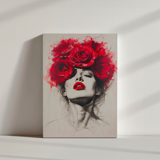 toile, visage de femme, trait de crayons, roses dans les cheveux.