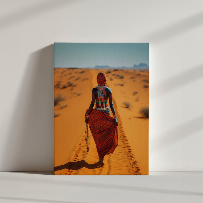 African tribal woman crossing orange sand dunes – desert canvas wall art capturing the enchanting spirit and grace of African culture