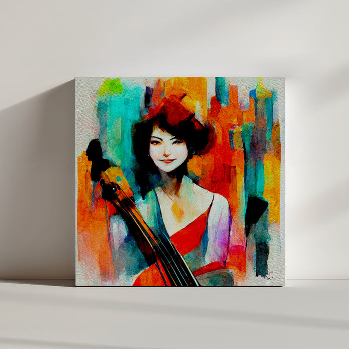 Female cellist with a cello against a rainbow-colored abstract background