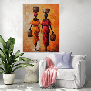 Tableau d'art coloré représentant deux femmes africaines portant des paniers, créant une ambiance chaleureuse et exotique dans le salon