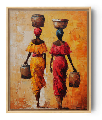Kleurrijk Afrikaans tafereel met twee vrouwen die potten dragen, levendige impressionistische stijl