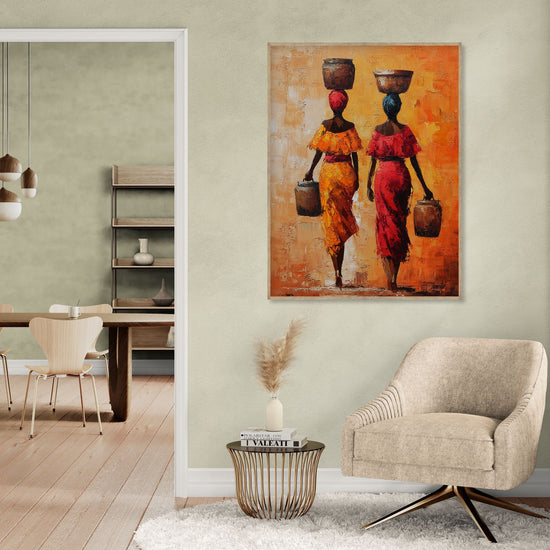 Tableau décoratif coloré de femmes africaines marchant, tons chauds, style ethnique pour ambiance chaleureuse