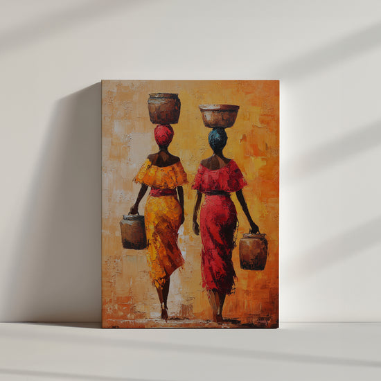 Scène africaine colorée avec deux femmes portant des pots, style impressionniste vibrant