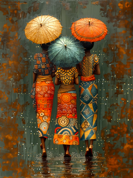 peinture Trois femmes de dos, parapluies colorés, motifs africains vibrants.