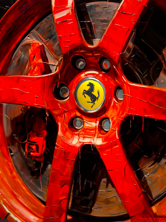 Tableau détaillé de la roue de Ferrari rouge, capturant la vitesse et le luxe