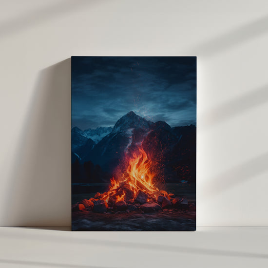 Close-up campfire canvas print with a majestic Swiss Alps mountain backdrop