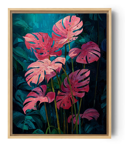 Wandbild rosa Monstera-Blätter auf tiefblauem Hintergrund, üppiger tropischer Stil