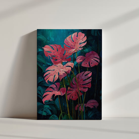Tableau mural de feuilles de monstera roses sur fond bleu profond, style tropical luxuriant
