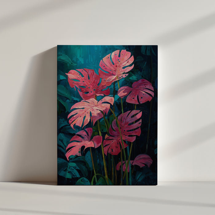 Tableau mural de feuilles de monstera roses sur fond bleu profond, style tropical luxuriant