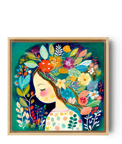 Un tableau d'une fille avec des fleurs dans les cheveux, adorable