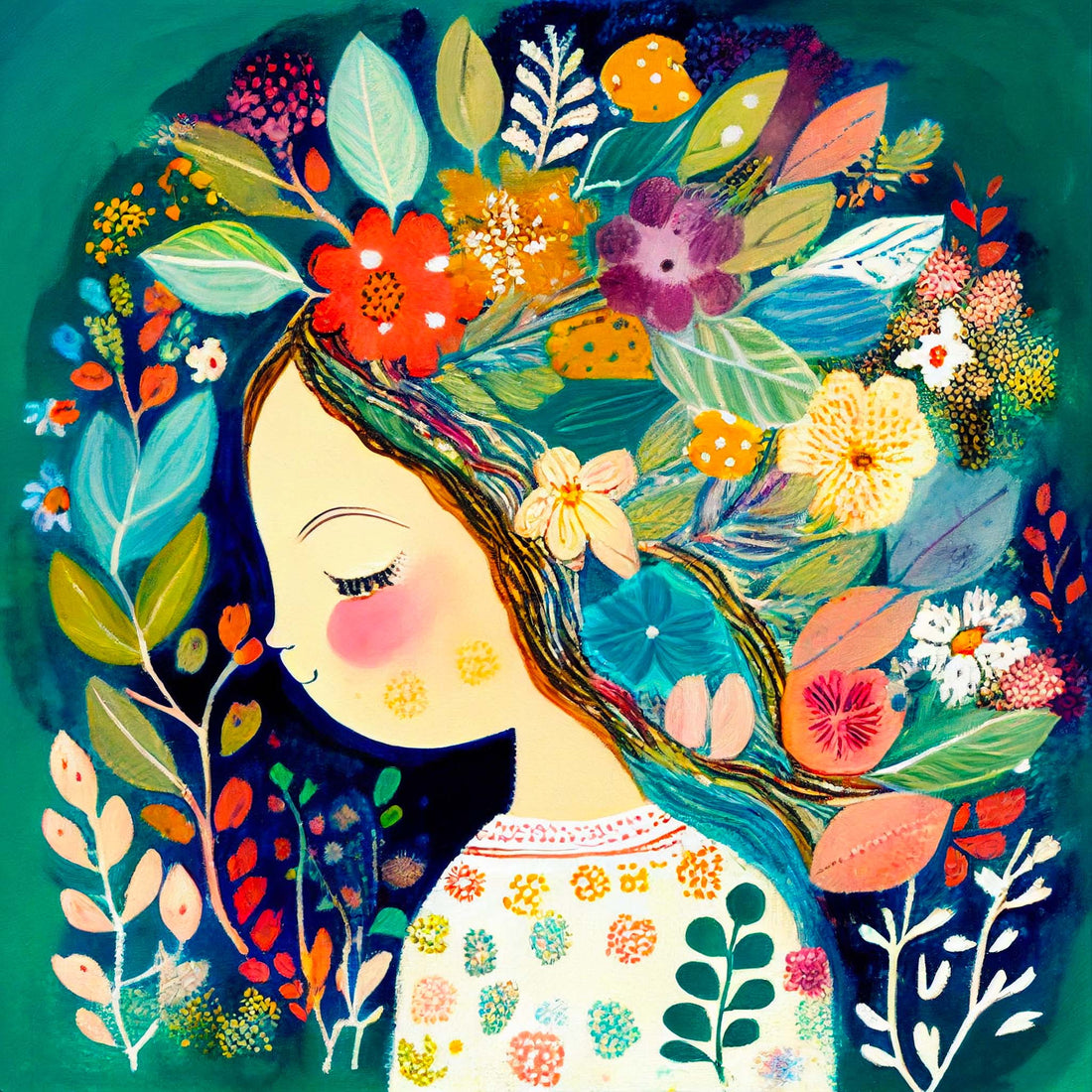 Girl with Flowers Canvas Wall Art - Poetic Softness