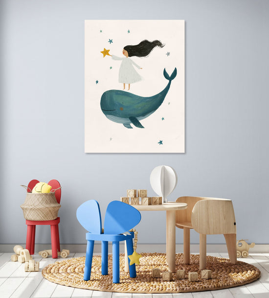 Child's canvas depicting a girl on a whale with a star, gentle and playful child’s room ambiance